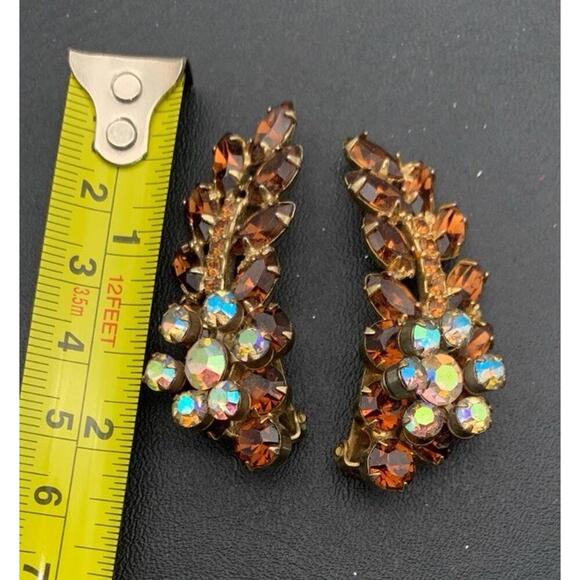 Vintage Gold Tone Topaz & AB Rhinestone Statement Ear Climber Clip On Earrings - Picture 3 of 5